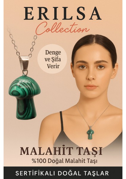 Sertifikalı Mantar Model Malahit Taşı Kolye - Denge ve Şifa Veren Doğal Taş Kolye