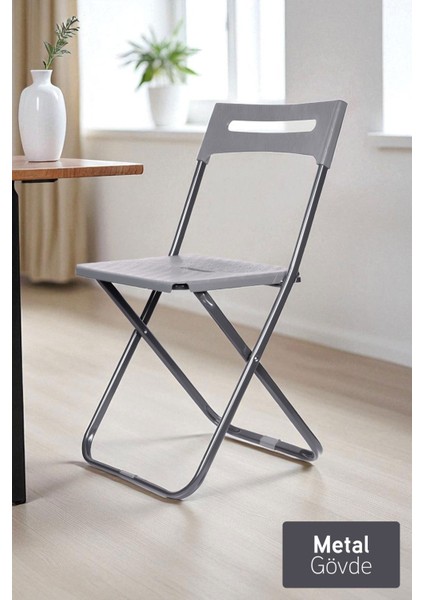 Safran Katlanabilir Metal Gövdeli Sandalye Katlanır Mutfak Bahçe Kamp Sandalyesi Gri 1 Adet