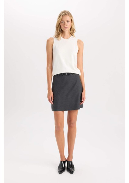 A Kesim Basic Düz Yüksek Bel Kemerli Mini Klasik Etek indirimleri