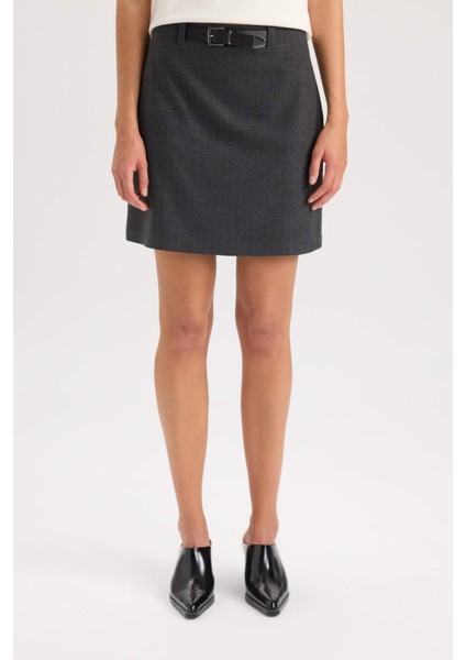 A Kesim Basic Düz Yüksek Bel Kemerli Mini Klasik Etek