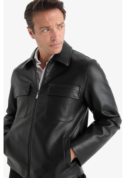 Su İtici Slim Fit Dar Kesim Polo Yaka İç Cepli Fermuarlı Rüzgar Geçirmez Suni Deri Mevsimlik Mont F0503AX25AU fiyatları