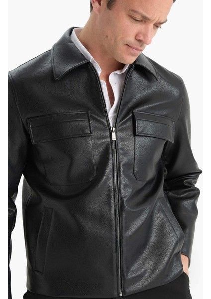 Su İtici Slim Fit Dar Kesim Polo Yaka İç Cepli Fermuarlı Rüzgar Geçirmez Suni Deri Mevsimlik Mont F0503AX25AU indirimleri