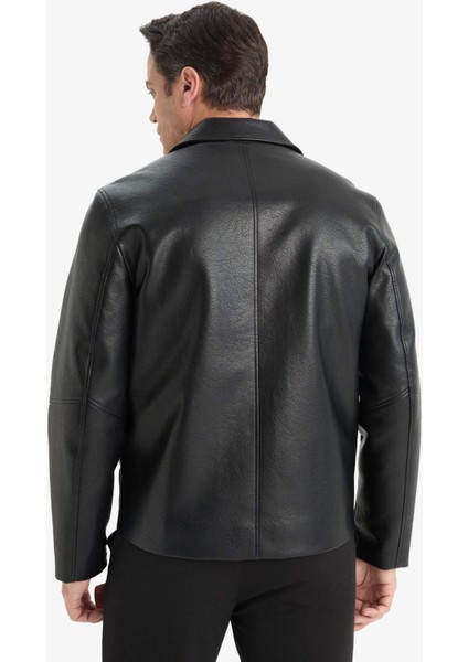 Su İtici Slim Fit Dar Kesim Polo Yaka İç Cepli Fermuarlı Rüzgar Geçirmez Suni Deri Mevsimlik Mont F0503AX25AU