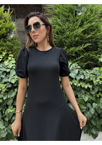 Kadın Kısa Balon Kollu Bisiklet Yaka Geniş Kesim Janjan Krep Elbise modelleri