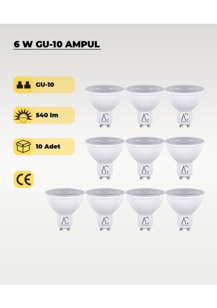 6W GU10 LED Ampul 3200K Sarı Işık 10 Adet