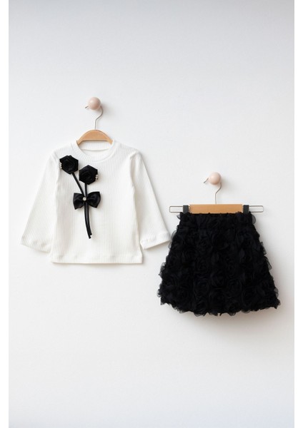3D Çift Gül Detaylı Kız Çocuk Etekli takım - Siyah