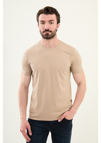 Düz Bej Slim Fit Bisiklet Yaka Basic Erkek T-Shirt