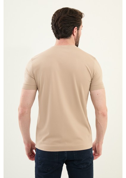 Düz Bej Slim Fit Bisiklet Yaka Basic Erkek T-Shirt modelleri