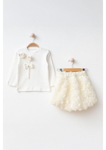 3D Çift Gül Detaylı Kız Çocuk Etekli takım - Krem