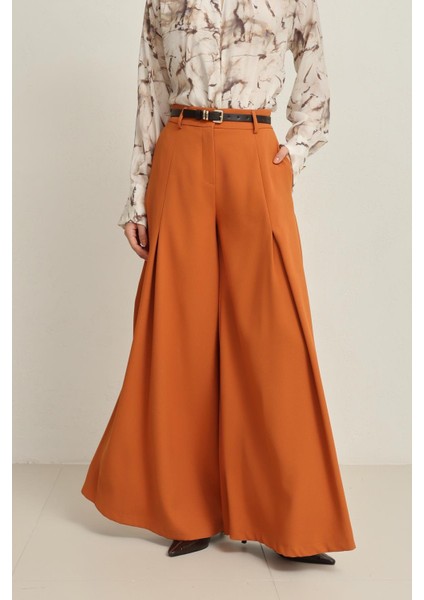 Kiremit Pile Detaylı Rahat Kesim Kemerli Pantolon modelleri