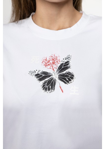 Kadın Uzun Kollu Kelebek Baskılı Beyaz Renk Tshırt modelleri