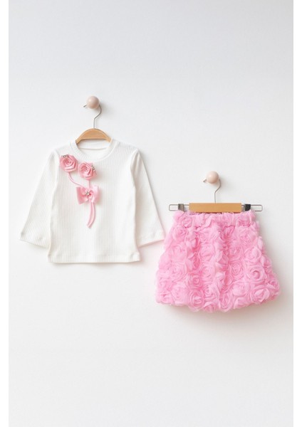 3D Çift Gül Detaylı Kız Çocuk Etekli takım - Pembe