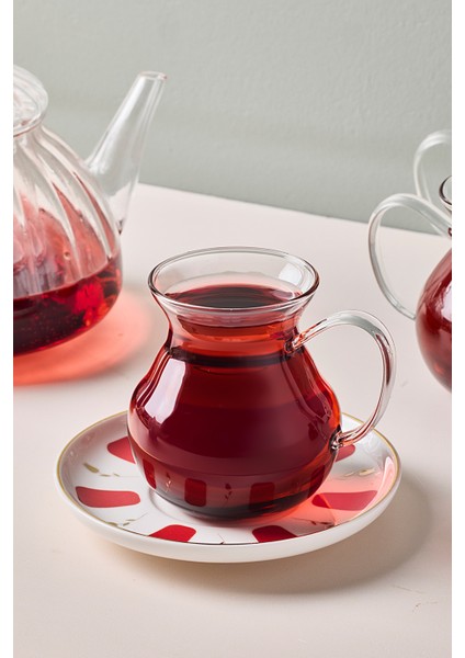 17899 Filiz 12 Parça 6 Kişilik Çay Seti Borosilikat Cam Kulplu Tombik Bardak ve Porselen Çay Tabağı Takımı 210 ml fiyatları