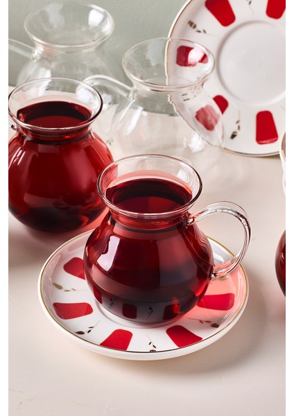 17899 Filiz 12 Parça 6 Kişilik Çay Seti Borosilikat Cam Kulplu Tombik Bardak ve Porselen Çay Tabağı Takımı 210 ml modelleri