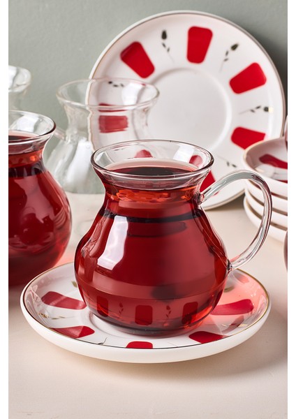 17899 Filiz 12 Parça 6 Kişilik Çay Seti Borosilikat Cam Kulplu Tombik Bardak ve Porselen Çay Tabağı Takımı 210 ml fırsatları