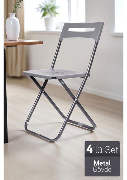 Safran Katlanabilir Metal Gövdeli Sandalye Katlanır Mutfak Bahçe Kamp Sandalyesi Gri 4 Adet