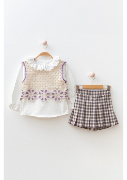 Dantel Çiçek Detaylı Bluz ve Ekose Şortlu Kız Çocuk 3 lü takım - Mor