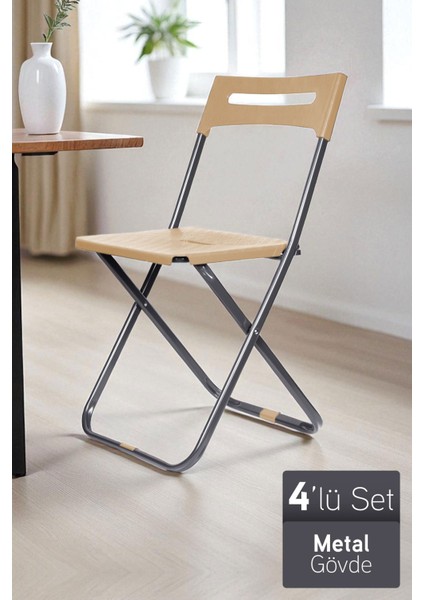 Safran Katlanabilir Metal Gövdeli Sandalye Katlanır Mutfak Bahçe Kamp Sandalyesi Krem 4 Adet