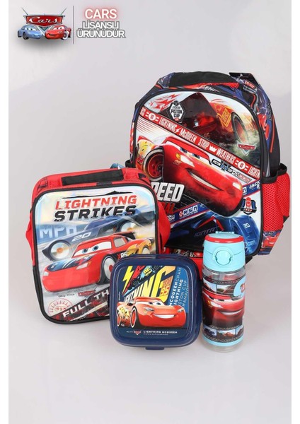 Lisanslı Cars Anaokulu, Beslenme ve Kalem Çantası 3'lüsü ve 500 ml Trıtan Matara Ile Kırtasiye Seti