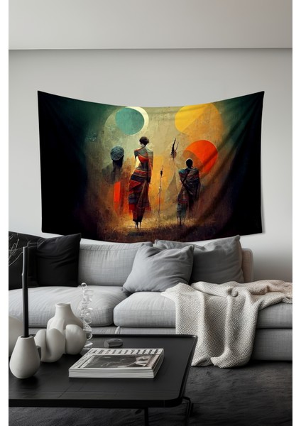 Renkli Silüetler Desenli Duvar Halısı Duvar Örtüsü Tapestry Süet Dokulu Kumaş