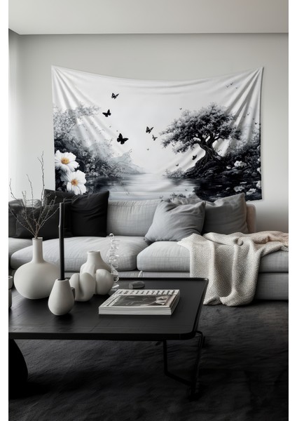 Siyah Doğa Manzarası Desenli Duvar Halısı Duvar Örtüsü Tapestry Süet Dokulu Kumaş