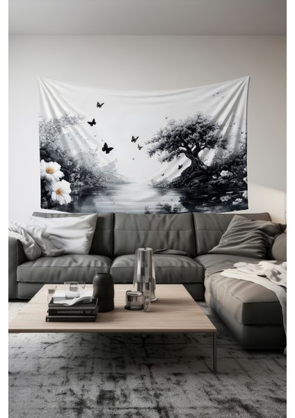Siyah Doğa Manzarası Desenli Duvar Halısı Duvar Örtüsü Tapestry Süet Dokulu Kumaş fiyatları