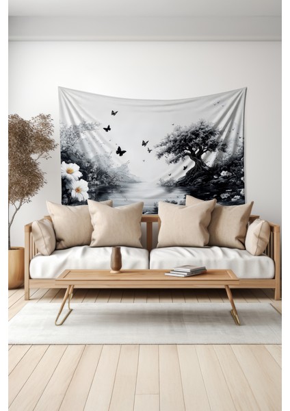 Siyah Doğa Manzarası Desenli Duvar Halısı Duvar Örtüsü Tapestry Süet Dokulu Kumaş modelleri