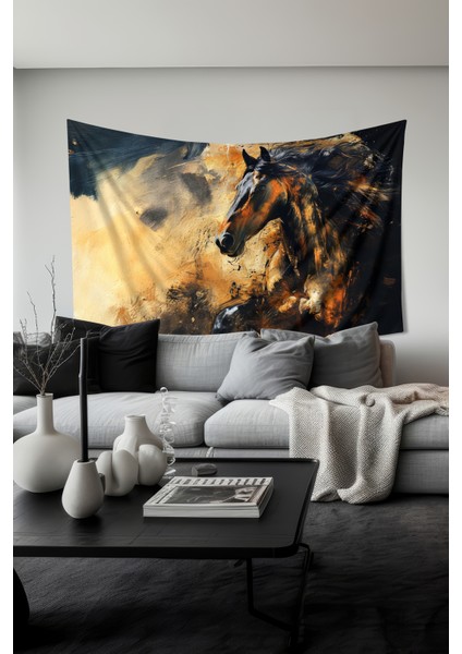 Altın Siyah At Desenli Duvar Halısı Duvar Örtüsü Tapestry Süet Dokulu Kumaş