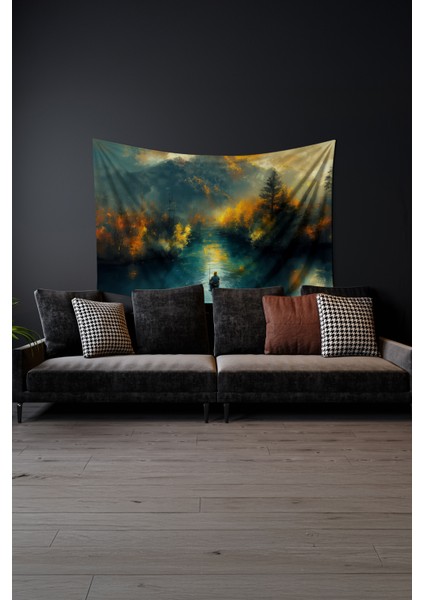 Gün Batımında Balıkçı Desenli Duvar Halısı Duvar Örtüsü Tapestry Süet Dokulu Kumaş