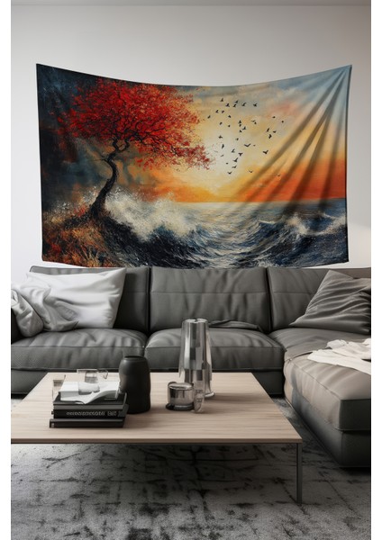 Kırmızı Ağaç Desenli Duvar Halısı Duvar Örtüsü Tapestry Süet Dokulu Kumaş