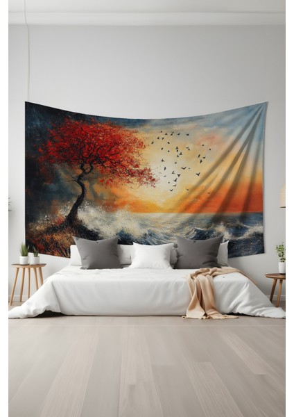Kırmızı Ağaç Desenli Duvar Halısı Duvar Örtüsü Tapestry Süet Dokulu Kumaş fiyatları