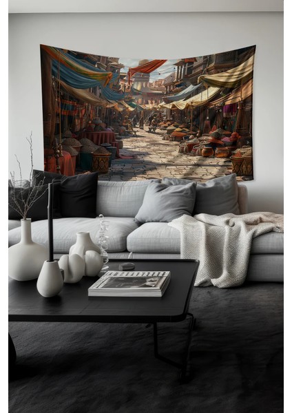 Baharat Pazarı Desenli Duvar Halısı Duvar Örtüsü Tapestry Süet Dokulu Kumaş