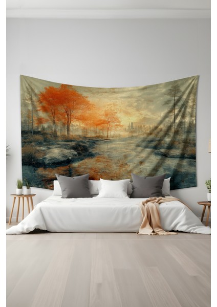 Sonbahar Nehir Manzarası Desenli Duvar Halısı Duvar Örtüsü Tapestry Süet Dokulu Kumaş