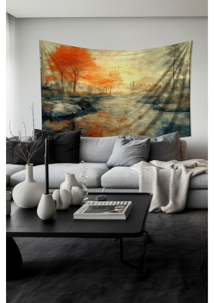 Sonbahar Nehir Manzarası Desenli Duvar Halısı Duvar Örtüsü Tapestry Süet Dokulu Kumaş fiyatları