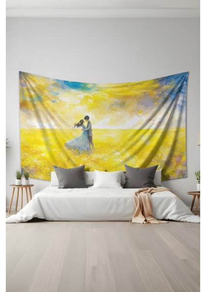 Çiçek Tarlasında Dans Desenli Duvar Halısı Duvar Örtüsü Tapestry Süet Dokulu Kumaş