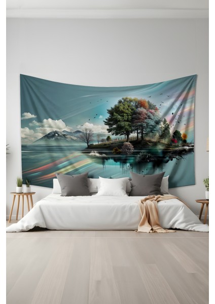 Renkli Doğa Yansıması Desenli Duvar Halısı Duvar Örtüsü Tapestry Süet Dokulu Kumaş fiyatları