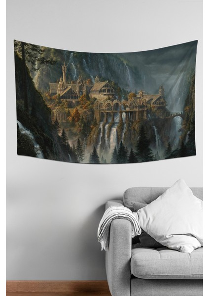 Yüzüklerin Efendisi Rivendell Ayrıkvadi Desenli Duvar Örtüsü Duvar Halısı Tapestry Süet Dokulu Kumaş