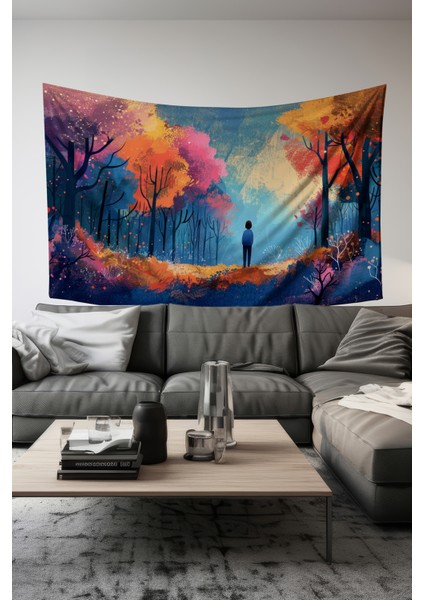 Büyülü Orman Desenli Duvar Halısı Duvar Örtüsü Tapestry Süet Dokulu Kumaş