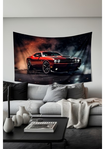 Efsane Araba Desenli Duvar Halısı Duvar Örtüsü Tapestry Süet Dokulu Kumaş