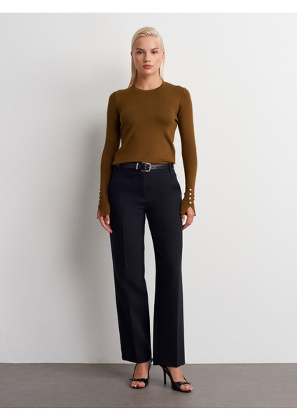 1267 Bisiklet Yaka Kol Ortası Droplu Kazak-Yağ Yeşil indirimleri