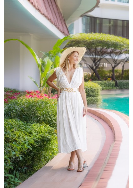 Kadın Bohem Yazlık Uzun Elbise – V Yaka, Kuşaklı, Yırtmaç Detaylı, Müslin Kumaş