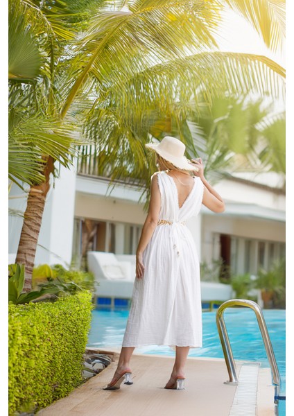 Kadın Bohem Yazlık Uzun Elbise – V Yaka, Kuşaklı, Yırtmaç Detaylı, Müslin Kumaş fiyatları