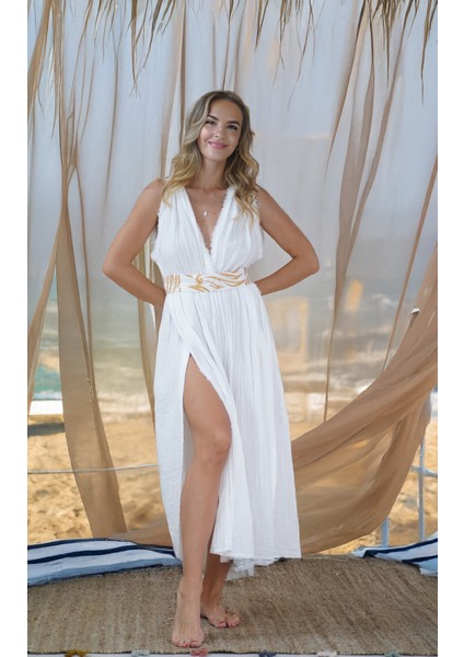 Kadın Bohem Yazlık Uzun Elbise – V Yaka, Kuşaklı, Yırtmaç Detaylı, Müslin Kumaş modelleri