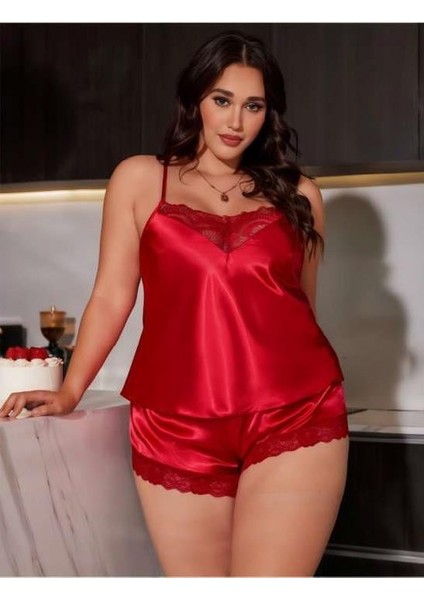 Arias Closet Büyük Beden Kırmızı Dantel Işlemeli Saten Şortlu Takım fiyatları