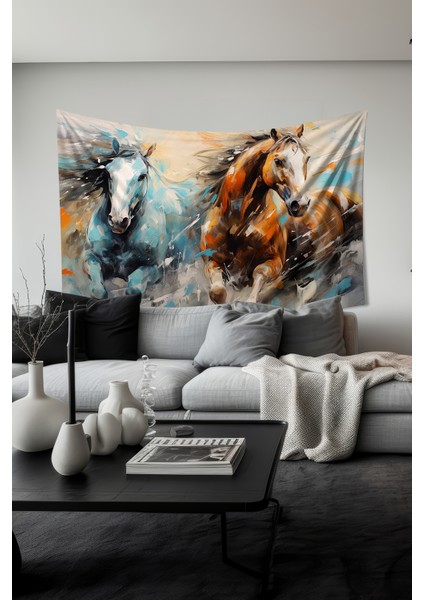 Fırça Darbesi Atlar Desenli Duvar Halısı Duvar Örtüsü Tapestry Süet Dokulu Kumaş