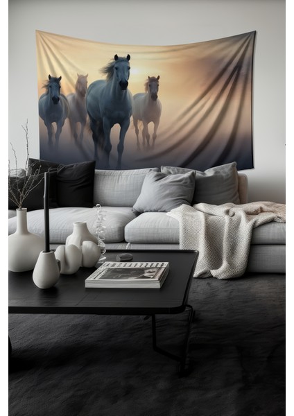 Yılkı Atları Desenli Duvar Halısı Duvar Örtüsü Tapestry Süet Dokulu Kumaş