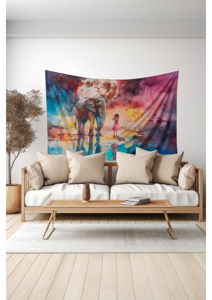 Ay Işığı Fil ve Kız Desenli Duvar Halısı Duvar Örtüsü Tapestry Süet Dokulu Kumaş
