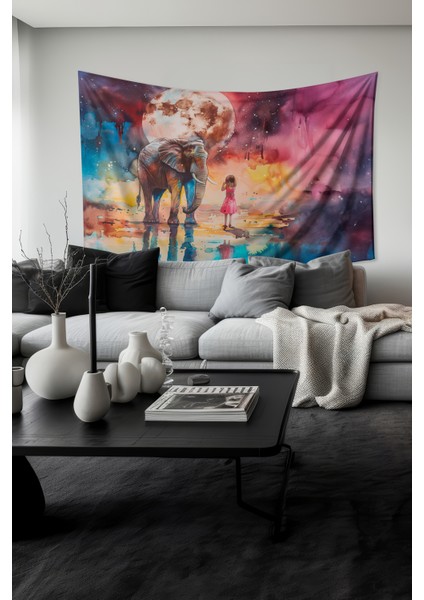 Ay Işığı Fil ve Kız Desenli Duvar Halısı Duvar Örtüsü Tapestry Süet Dokulu Kumaş fiyatları