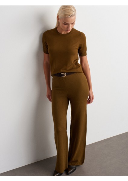 70163 Beli Lastikli Yünlü Triko Pantolon-Yağ Yeşil