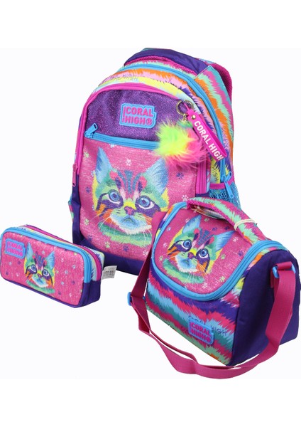 Ch 23477 Renkli Kedi - 3' Lü Okul Çantası Seti - Sırt ve Beslenme Çantası + Kalemlik